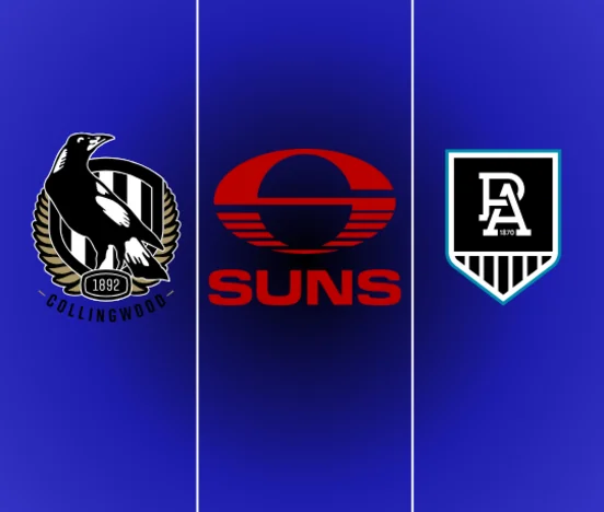 Graphic featuring the logos of Collingwood, Port Adelaide, and Gold Coast Suns, with bold text announcing a major AFL trade, symbolizing the significant player movements and strategic changes for the upcoming season